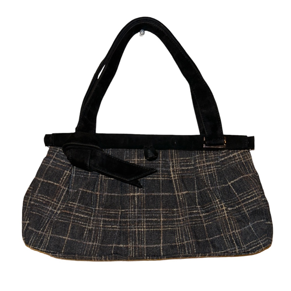 Vintage Stuart Weitzman Grey Wool Plaid Shoulder Bag Suede Trim Made in Spain